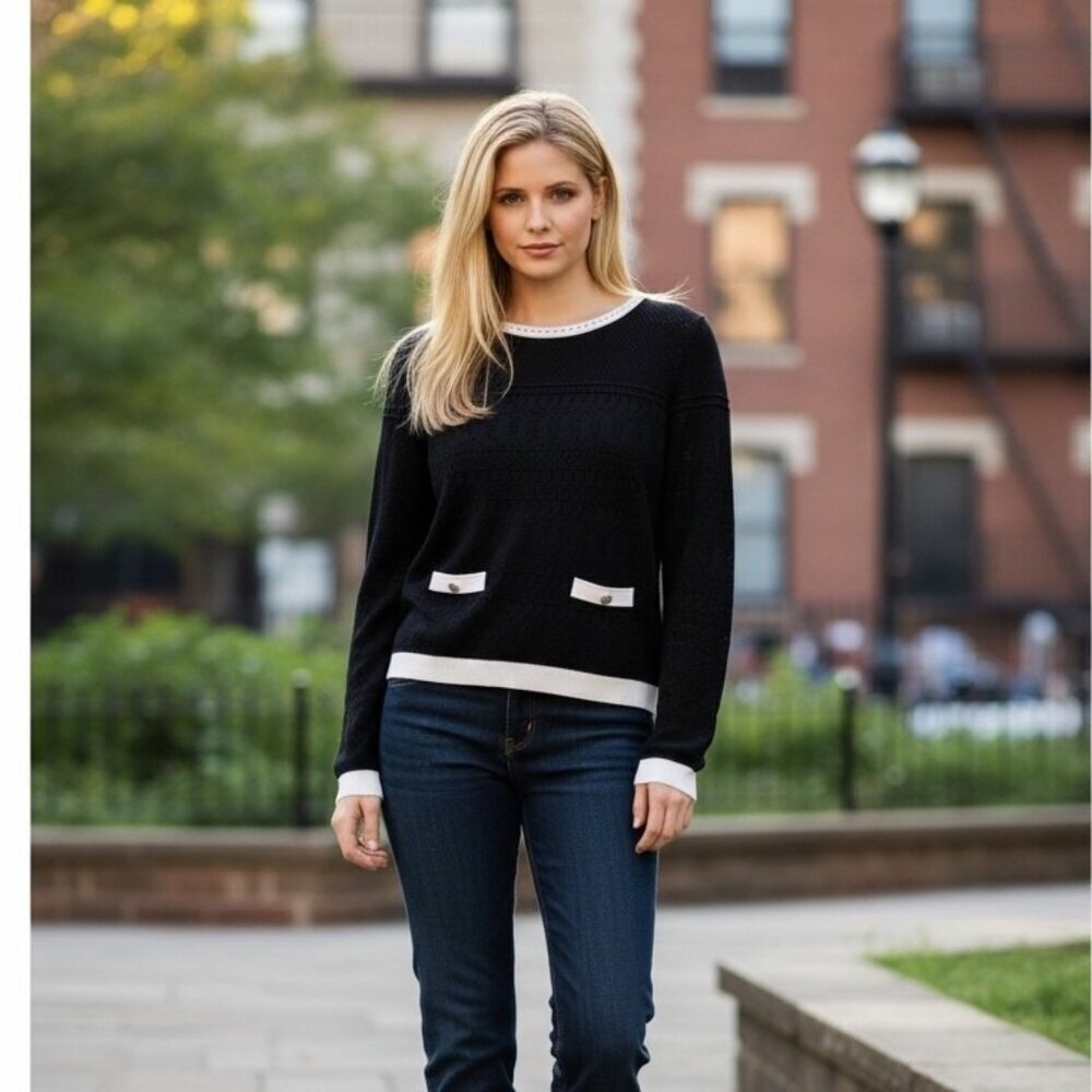 Jason Wu Black & White Contrast Knit Top Pointelle Sweater Size Small